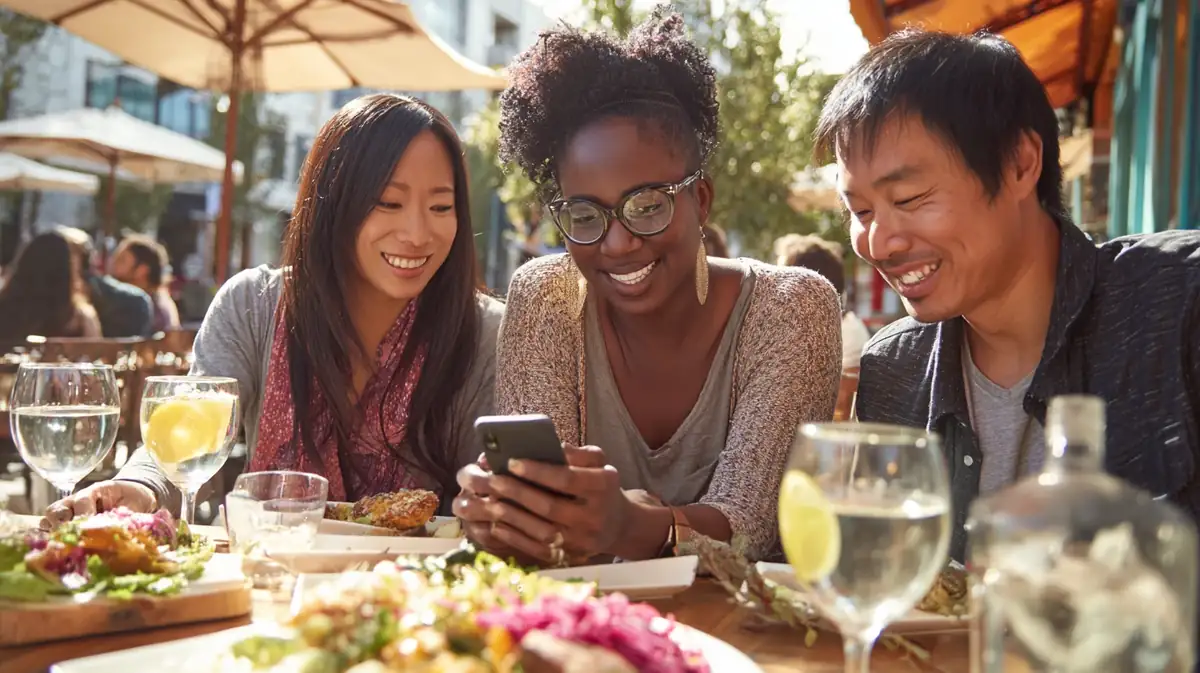 Three friends reviewing weekly GLP-1 progress on the GLP-1 Assist app